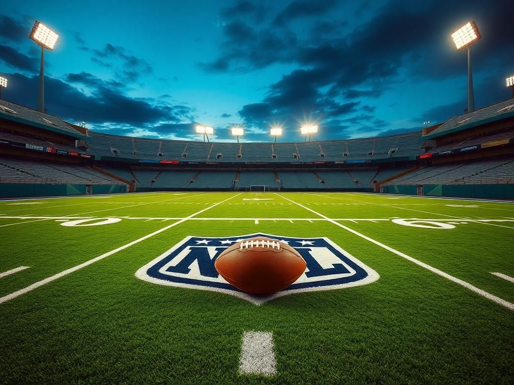 Flick International Empty football field illuminated by stadium lights, with NFL logos and fresh yard lines