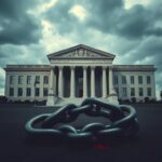 Flick International A modern government building with dark storm clouds and a broken chain symbolizing resistance