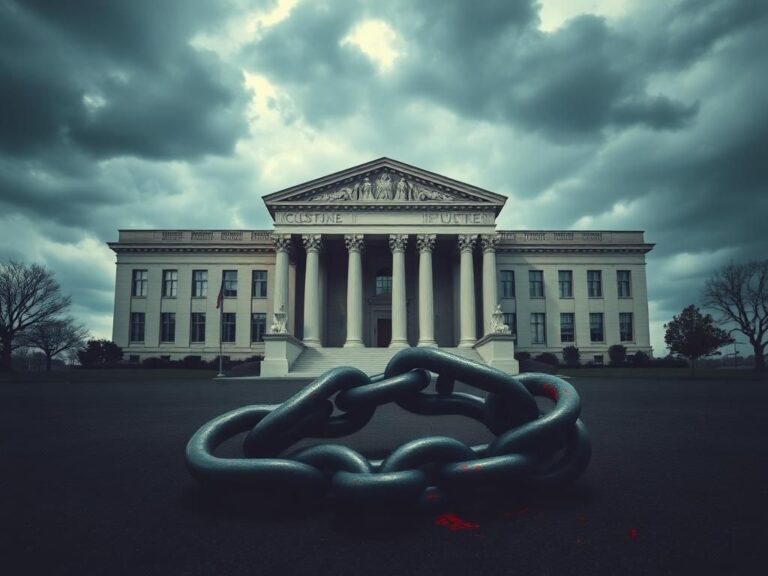 Flick International A modern government building with dark storm clouds and a broken chain symbolizing resistance