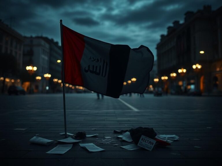 Flick International Empty public square at dusk with a tattered flag of Hamas visibly fluttering