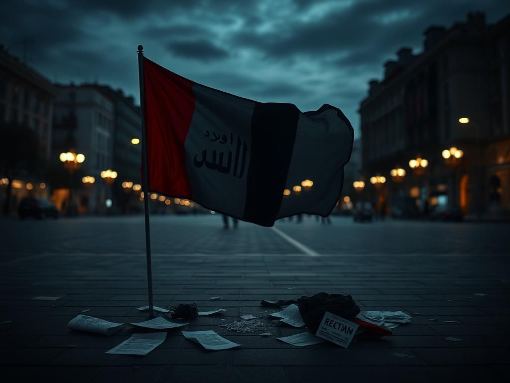 Flick International Empty public square at dusk with a tattered flag of Hamas visibly fluttering