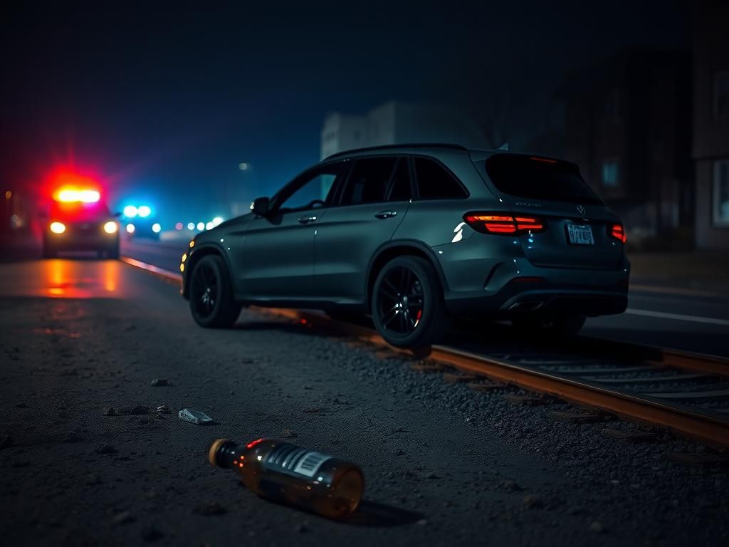 Flick International Dark, deserted street at night with luxury SUV on railroad tracks