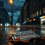 Flick International Dimly lit New York City street at night with discarded Anthony Weiner campaign flyer