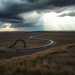 Flick International Dramatic landscape of North Dakota terrain with a winding oil pipeline