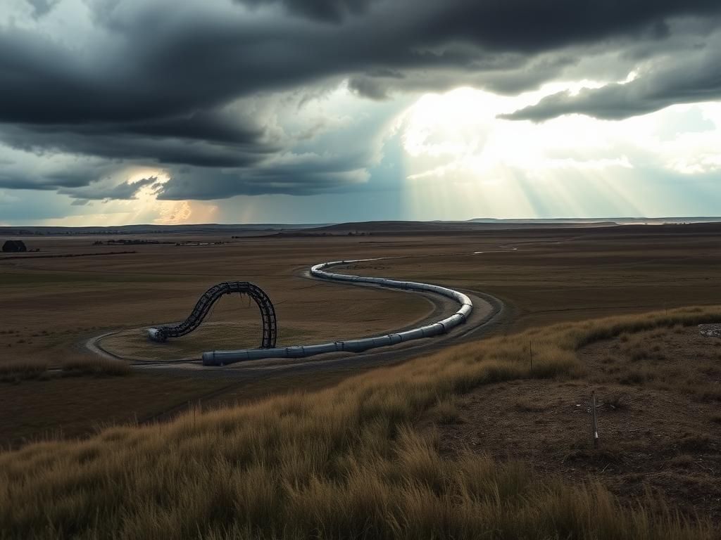 Flick International Dramatic landscape of North Dakota terrain with a winding oil pipeline