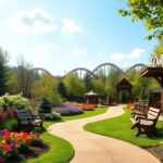 Flick International Lush spring landscape at Dollywood with blooming flowers and greenery