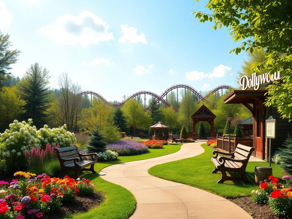 Flick International Lush spring landscape at Dollywood with blooming flowers and greenery