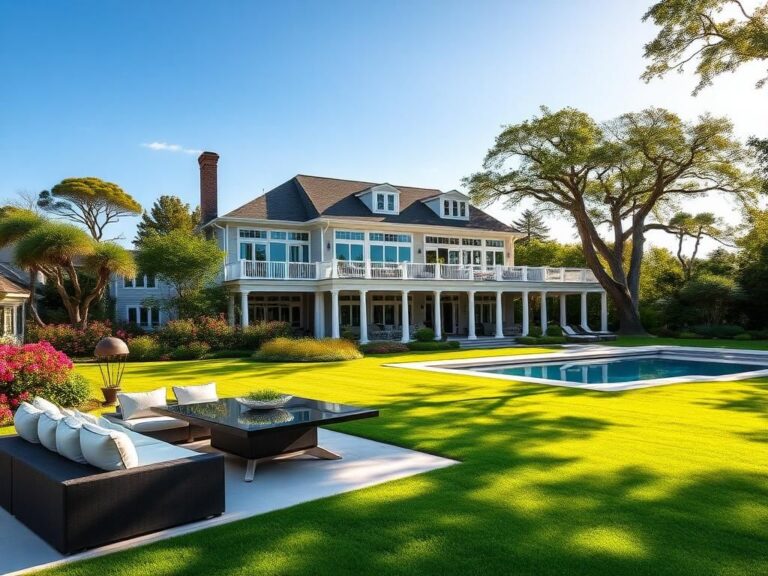 Flick International Luxurious Hamptons mansion surrounded by a manicured landscape on a sunny day