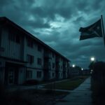 Flick International Shadowy apartment complex at dusk highlighting neglect and danger