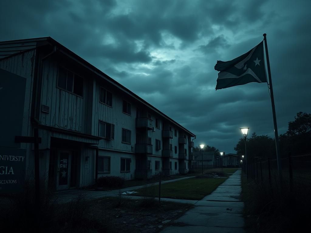 Flick International Shadowy apartment complex at dusk highlighting neglect and danger