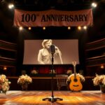 Flick International Dimly lit Grand Ole Opry stage with vintage microphone and floral arrangements honoring Randy Travis