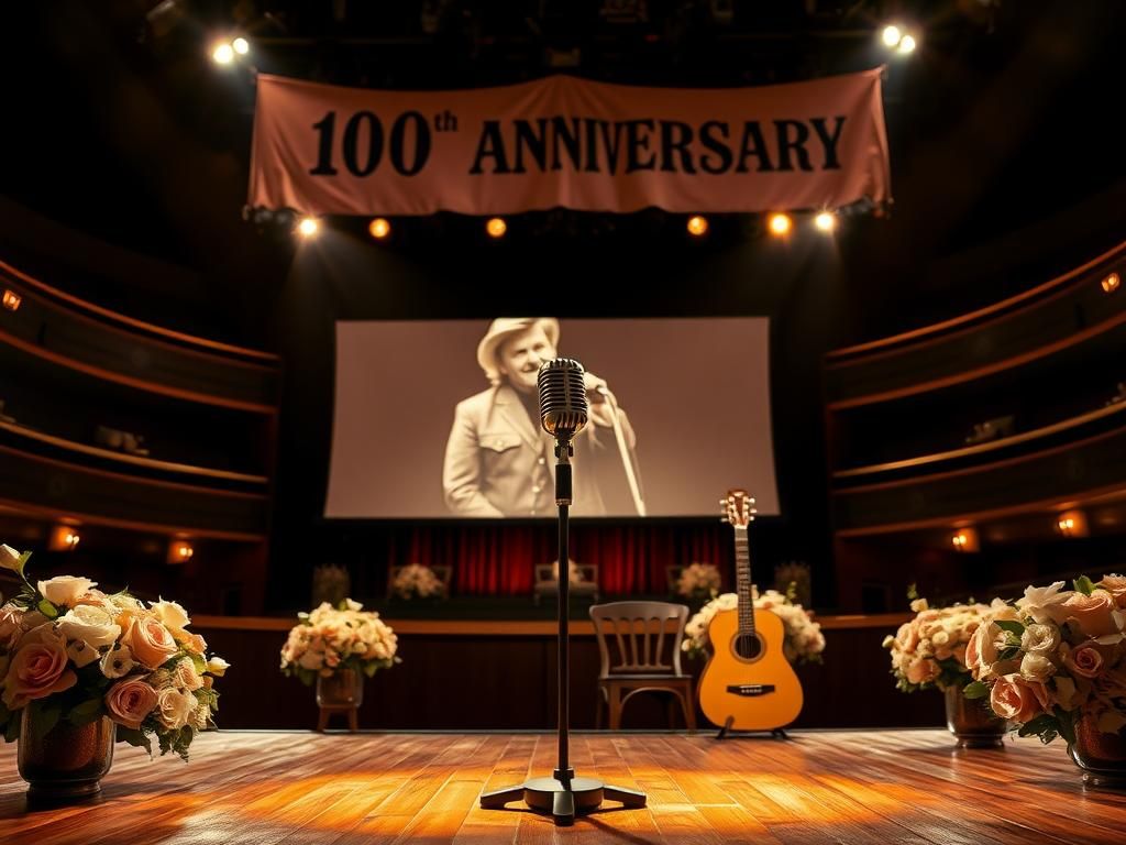 Flick International Dimly lit Grand Ole Opry stage with vintage microphone and floral arrangements honoring Randy Travis