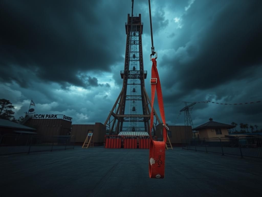 Flick International Haunting image of the FreeFall ride at ICON Park in Orlando with visible signs of neglect and a safety harness in the foreground