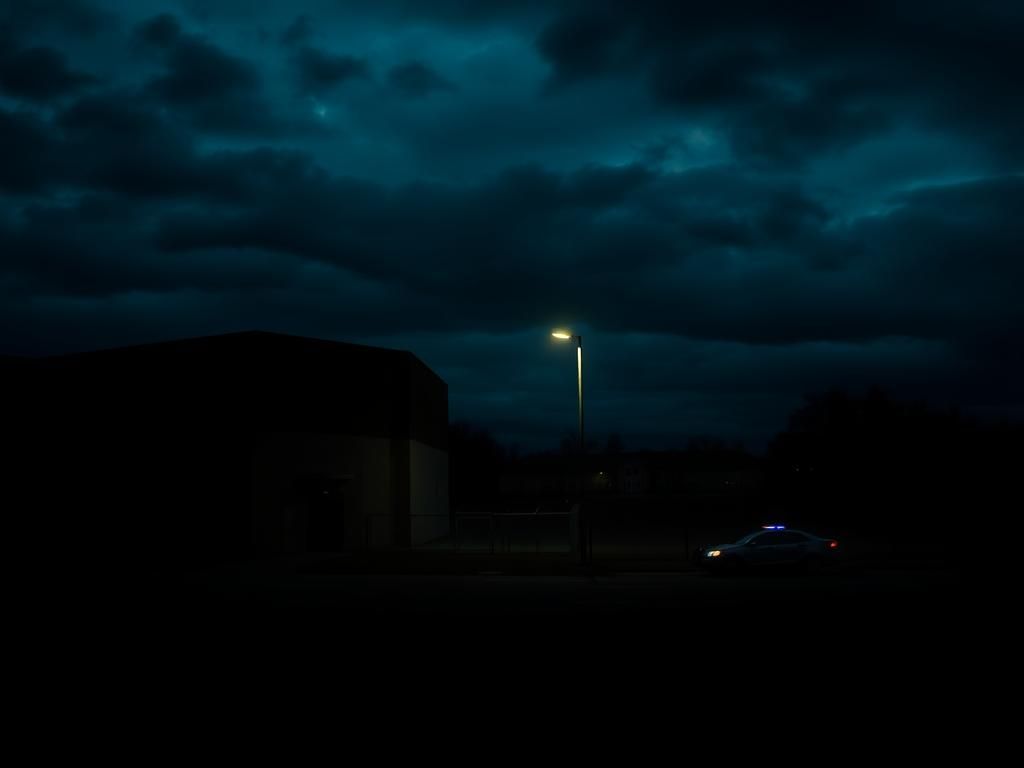 Flick International Dark exterior of the Denver Contract Detention Facility under a cloudy night sky