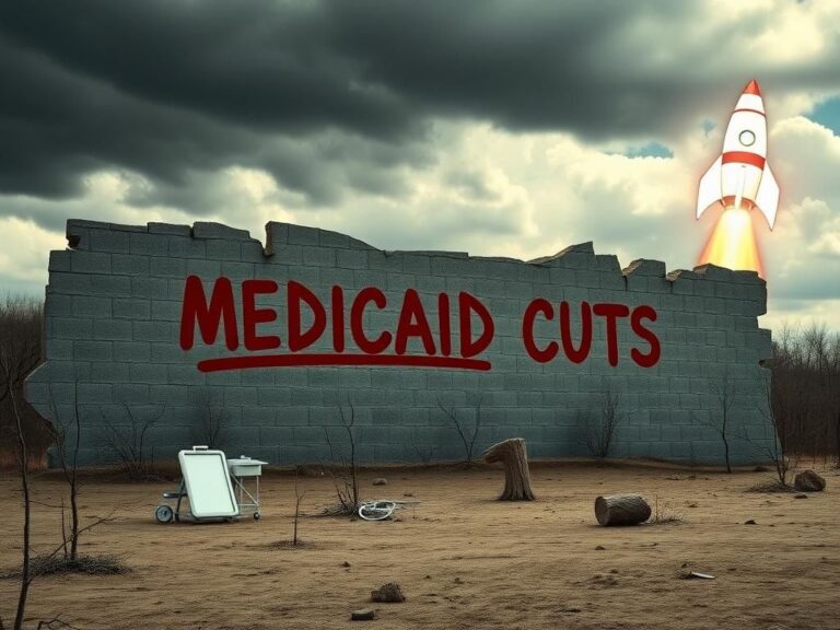 Flick International A crumbling stone wall with 'Medicaid Cuts' spray-painted in red, set in a desolate landscape