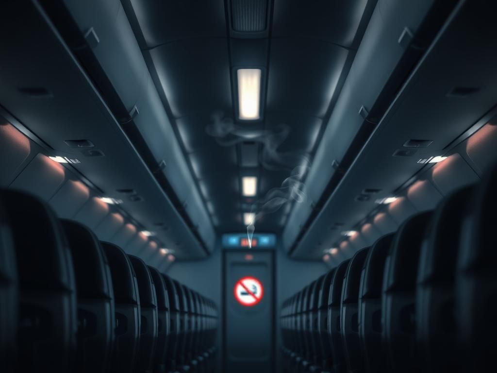 Flick International Airplane cabin interior highlighting no smoking signs and vapor in the air