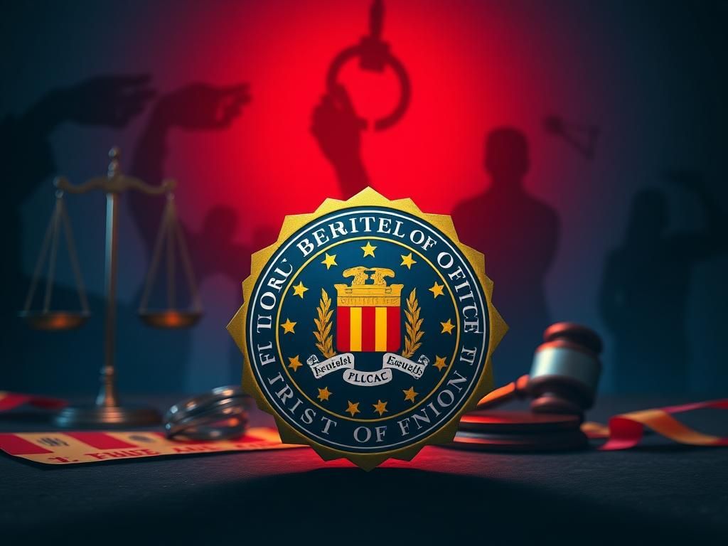 Flick International Stylized FBI badge surrounded by symbols of justice including scales, gavel, and magnifying glass