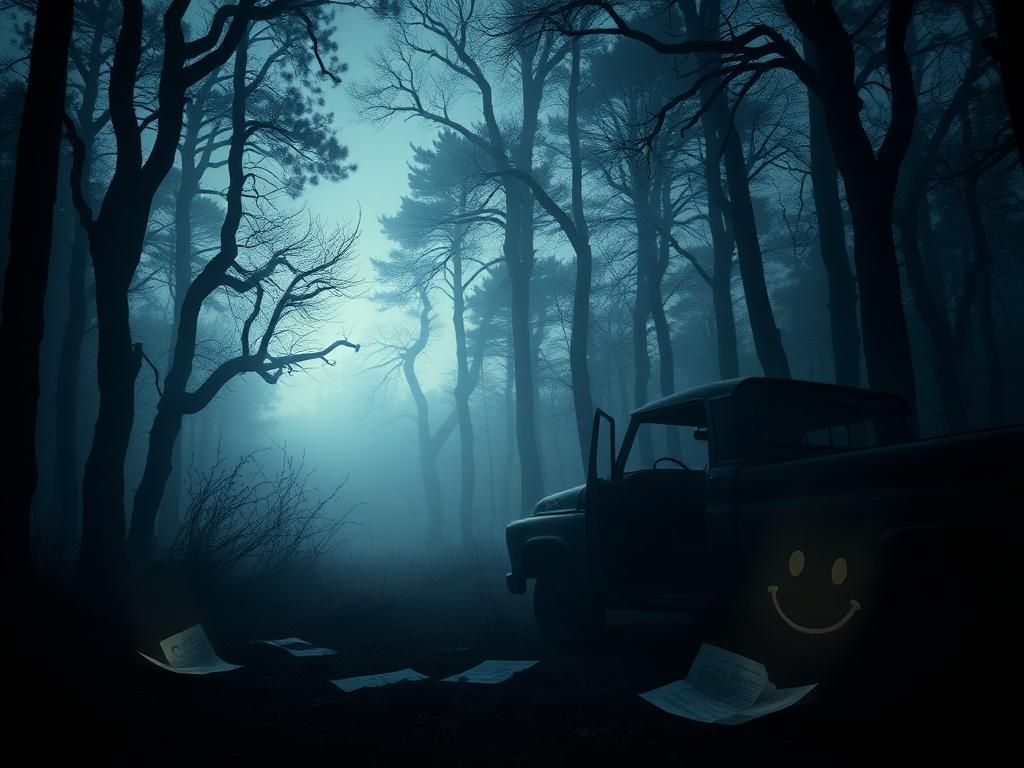 Flick International Atmospheric scene depicting a misty forest at twilight with a rusted truck symbolizing the 'Happy Face Killer'