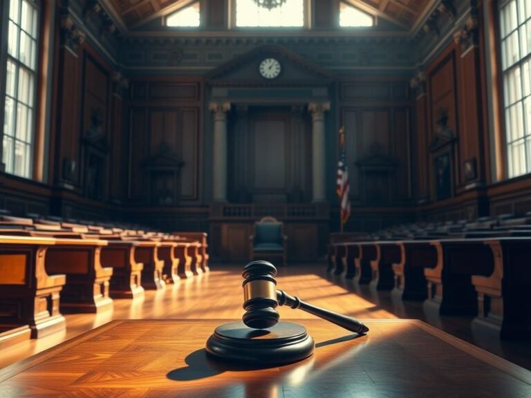 Flick International Majestic, empty federal courtroom with gavel symbolizing justice