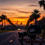 Flick International Vintage film camera on a director's chair with a Hollywood sunset in the background