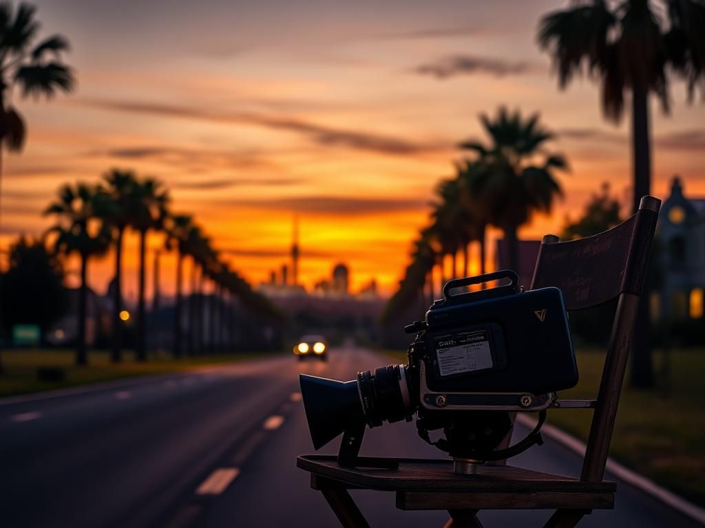 Flick International Vintage film camera on a director's chair with a Hollywood sunset in the background