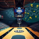 Flick International Vibrant basketball court scene during NCAA March Madness tournament featuring scoreboard and team logos