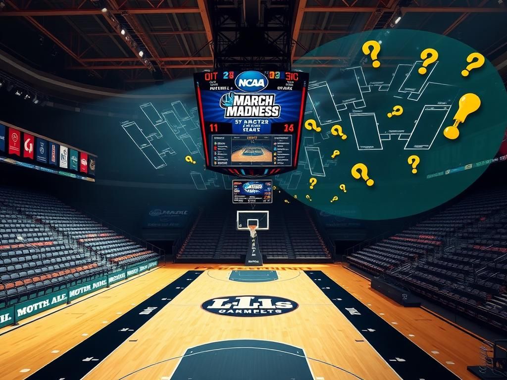 Flick International Vibrant basketball court scene during NCAA March Madness tournament featuring scoreboard and team logos