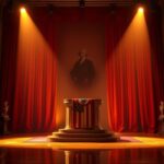 Flick International Grand stage illuminated with golden spotlighting and ornate podium draped in the American flag