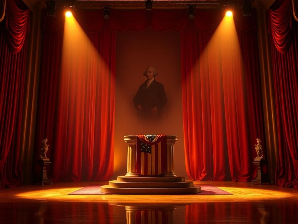 Flick International Grand stage illuminated with golden spotlighting and ornate podium draped in the American flag