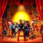 Flick International Colorful comedy stage set with ventriloquist dummies arranged on a stool under spotlight