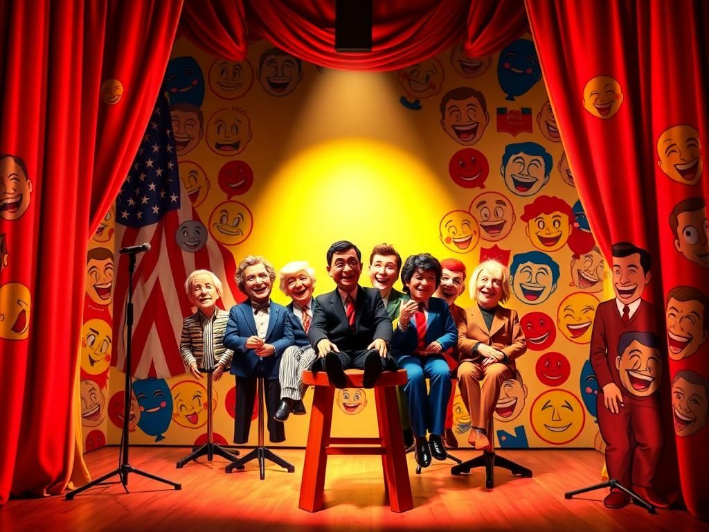 Flick International Colorful comedy stage set with ventriloquist dummies arranged on a stool under spotlight