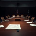 Flick International somber city council chamber in Fort Myers, Florida, with empty meeting table and scattered papers