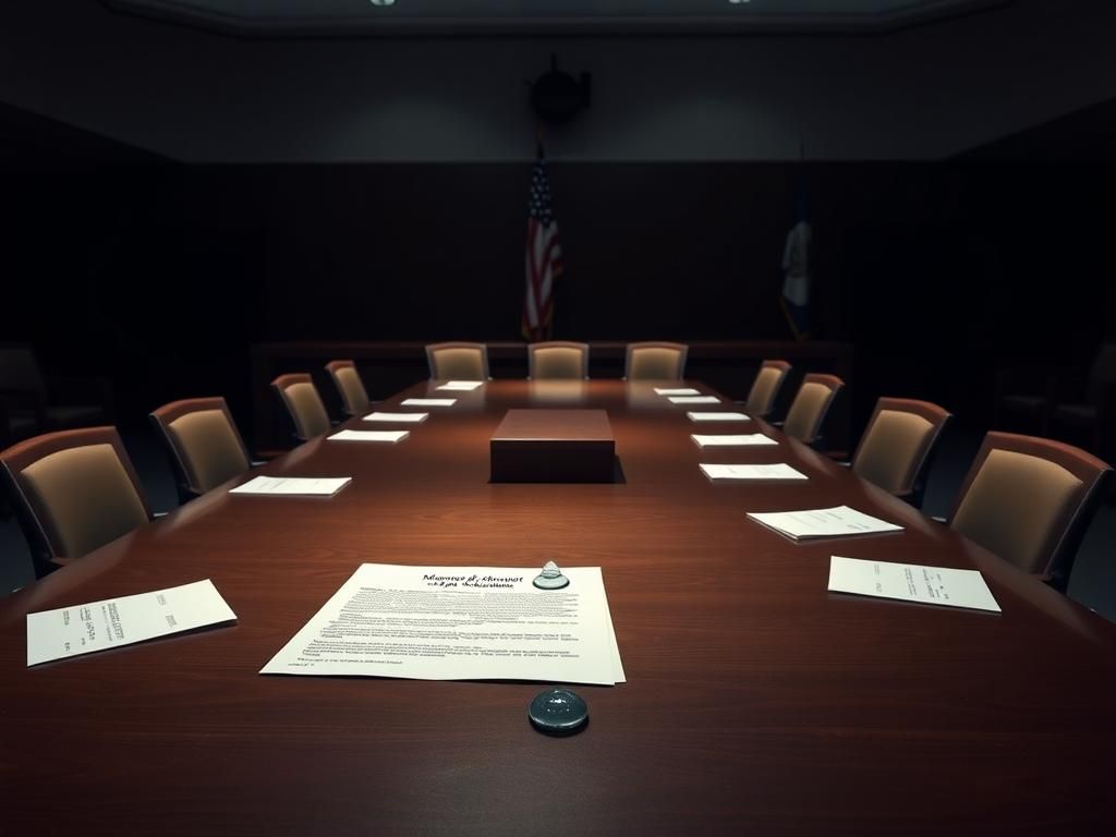 Flick International somber city council chamber in Fort Myers, Florida, with empty meeting table and scattered papers