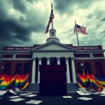 Flick International City hall building with POW/MIA flag and LGBTQ+ pride colors representing conflict and civic engagement