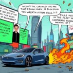 Flick International A satirical cartoon-style depiction of a futuristic cityscape with oversized billboards mocking a fictional billionaire resembling Elon Musk