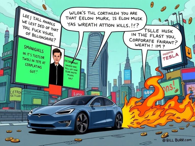 Flick International A satirical cartoon-style depiction of a futuristic cityscape with oversized billboards mocking a fictional billionaire resembling Elon Musk