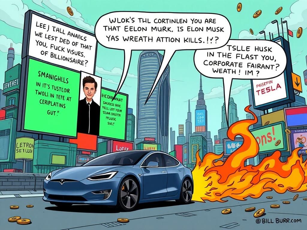 Flick International A satirical cartoon-style depiction of a futuristic cityscape with oversized billboards mocking a fictional billionaire resembling Elon Musk