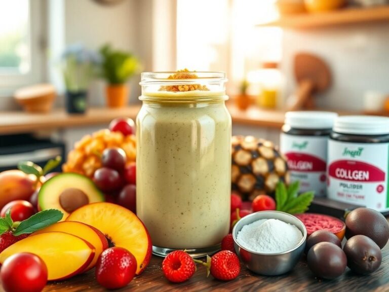 Flick International A vibrant breakfast smoothie in a glass jar surrounded by fresh fruits and health supplements