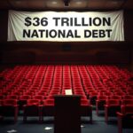 Flick International High school auditorium filled with empty chairs and a banner reading '$36 Trillion National Debt'