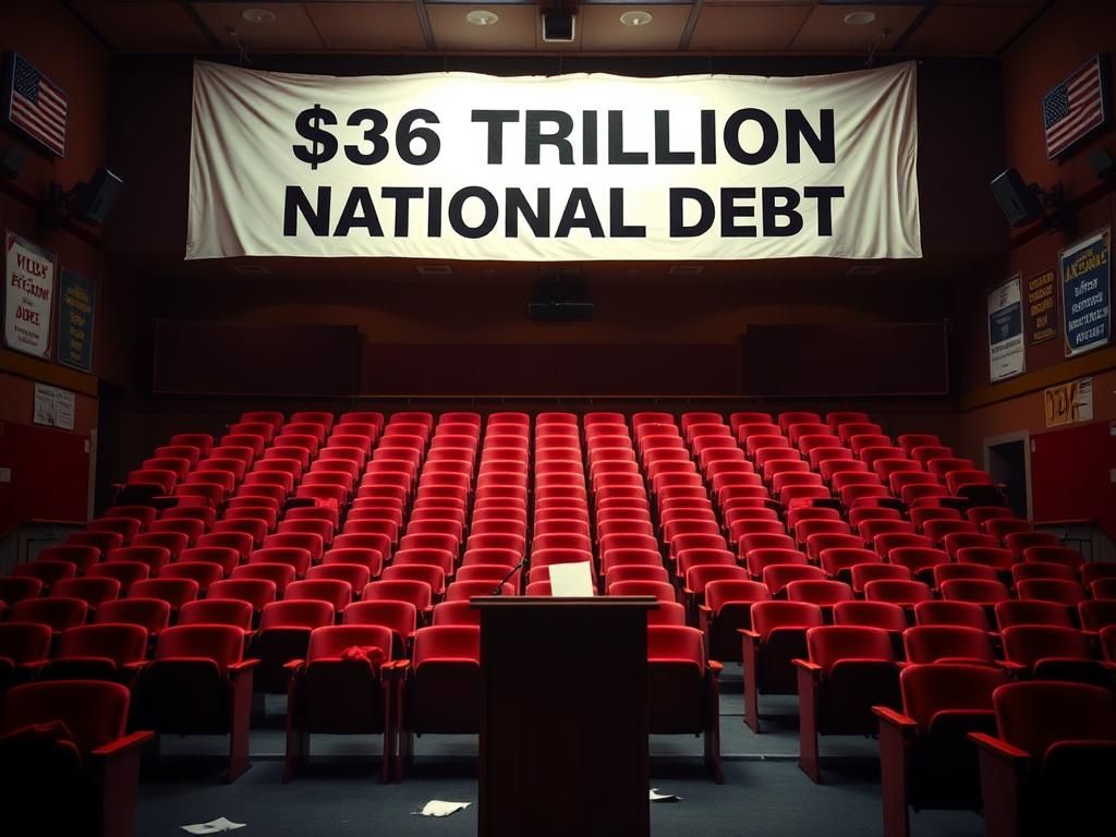 Flick International High school auditorium filled with empty chairs and a banner reading '$36 Trillion National Debt'