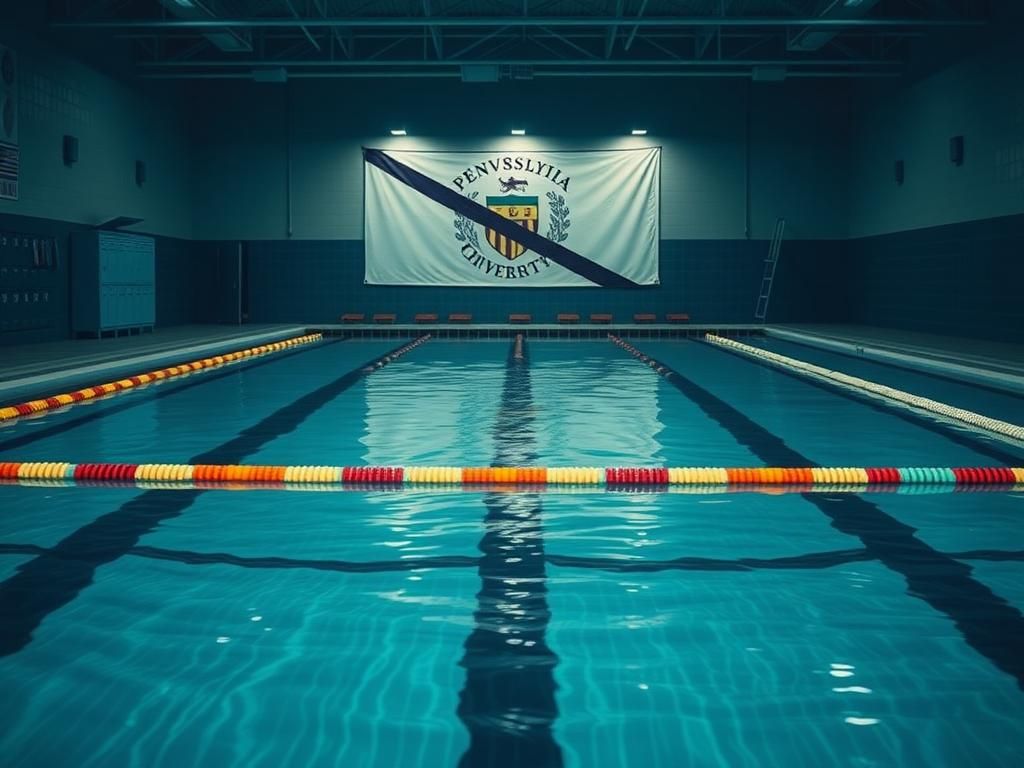 Flick International Dimly lit university swimming pool with colorful lane ropes and a hint of caution tape