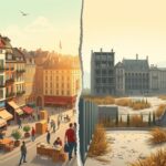 Flick International Split-scene illustration depicting contrasting urban landscapes of Europe, showcasing vibrant traditional architecture on one side and a desolate area symbolizing change on the other.