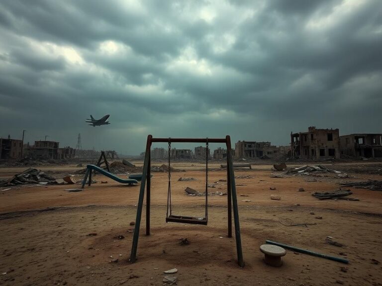 Flick International Desolate landscape in Gaza with demolished buildings and debris