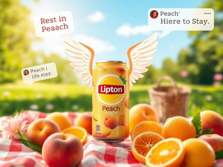 Flick International Can of Lipton's iced tea labeled 'Peach' with angelic wings above a colorful picnic spread