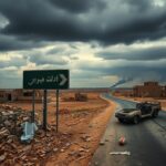 Flick International Barren landscape of northern Gaza showing ruins and a road sign