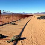 Flick International A desolate stretch of the U.S.-Mexico border featuring a rusted border fence and abandoned belongings.