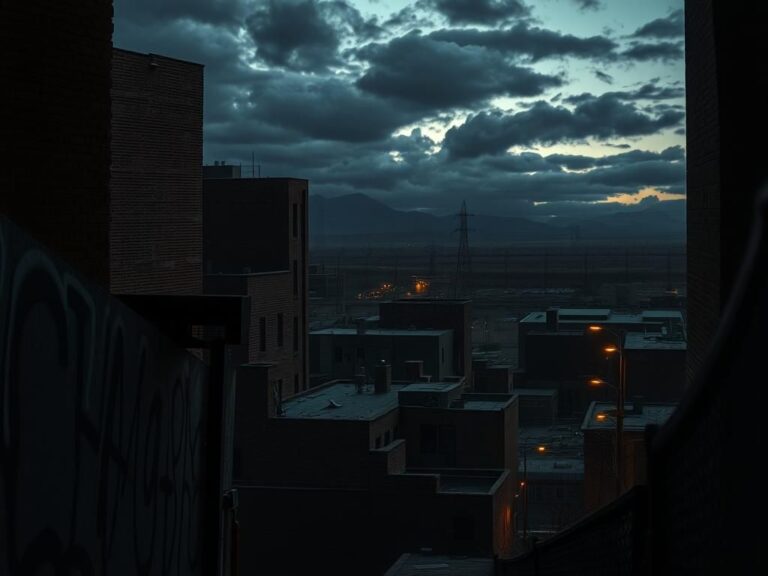 Flick International Gritty urban landscape of El Paso, Texas at twilight, depicting signs of gang activity.