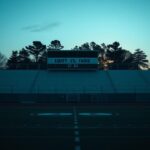 Flick International High school sports field at dusk with empty bleachers and a weathered scoreboard displaying 'Equity vs. Fairness'