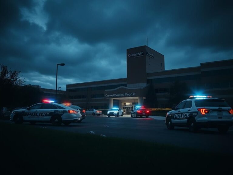 Flick International Exterior view of Corewell Health Beaumont Troy Hospital with police presence following a shooting incident