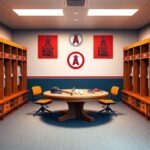 Flick International Organized baseball clubhouse with wooden lockers and equipment